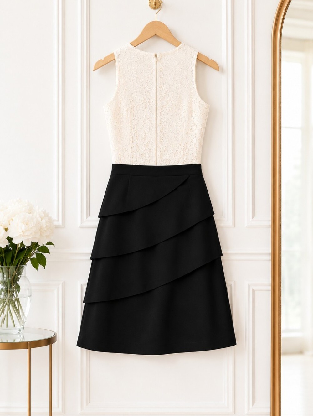 Connected Apparel | Lace Bodice Pearl Accent Dress | Size 12 | Black Ivory - Picture 9 of 11